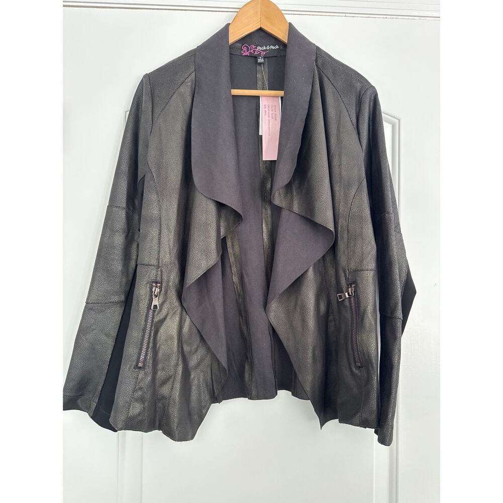 NWT Peck & Peck Black faux leather draped waterfall collar jacket Size Small